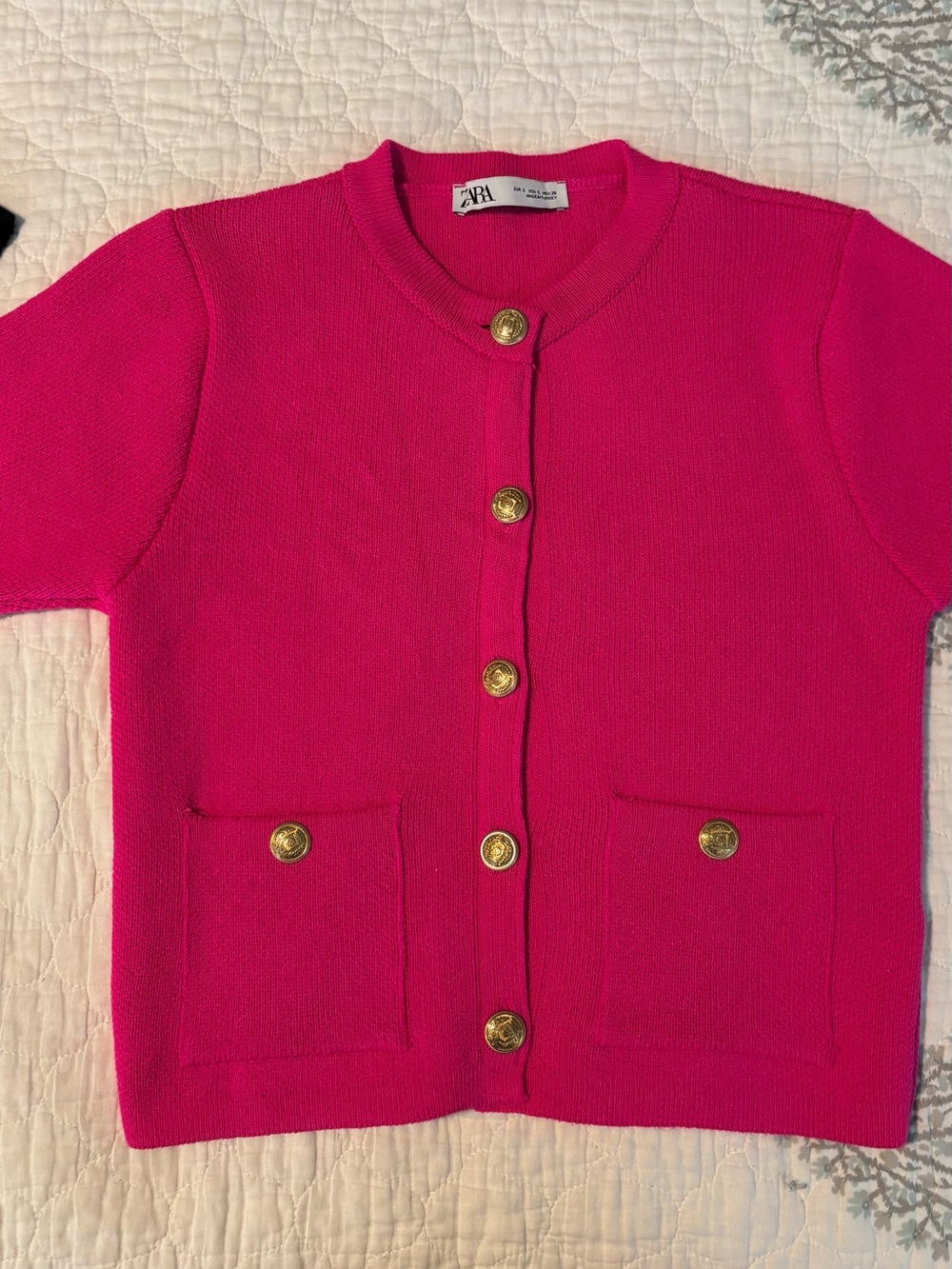 Zara Hot Pink Knit Cardigan with Gold Buttons